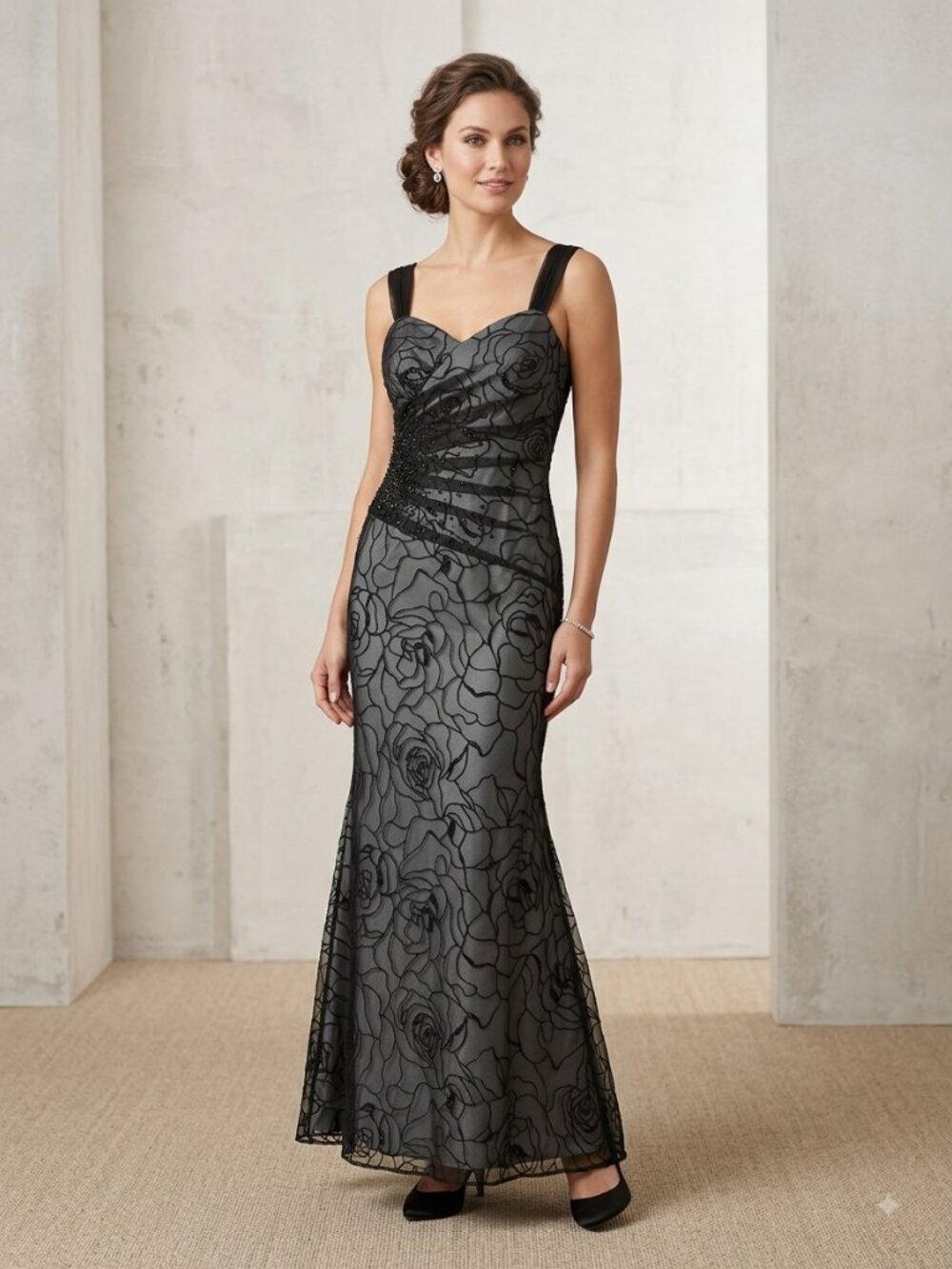 Rina di Montella Black Floral Lace Evening Gown Women's 8 EUC Wedding Prom